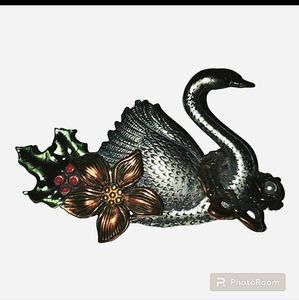 Antique Silver Winter Swan Brooch Green Holly Copper Flower Wreath Faux Pearl